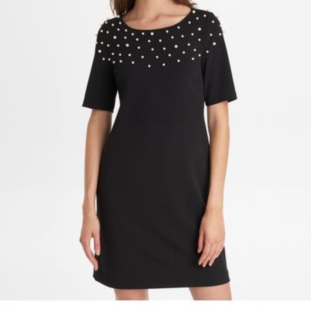 Karl Lagerfeld Women's Black Capsleeve Sheath Dress With Pearl Neck Size…